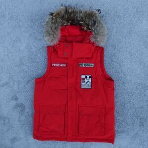 Whole Hauss Vest Womens M Red Snap Zip Hood Disney Mickey Patch Holl Insulated